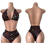 Two-piece swimsuit with designer print.
