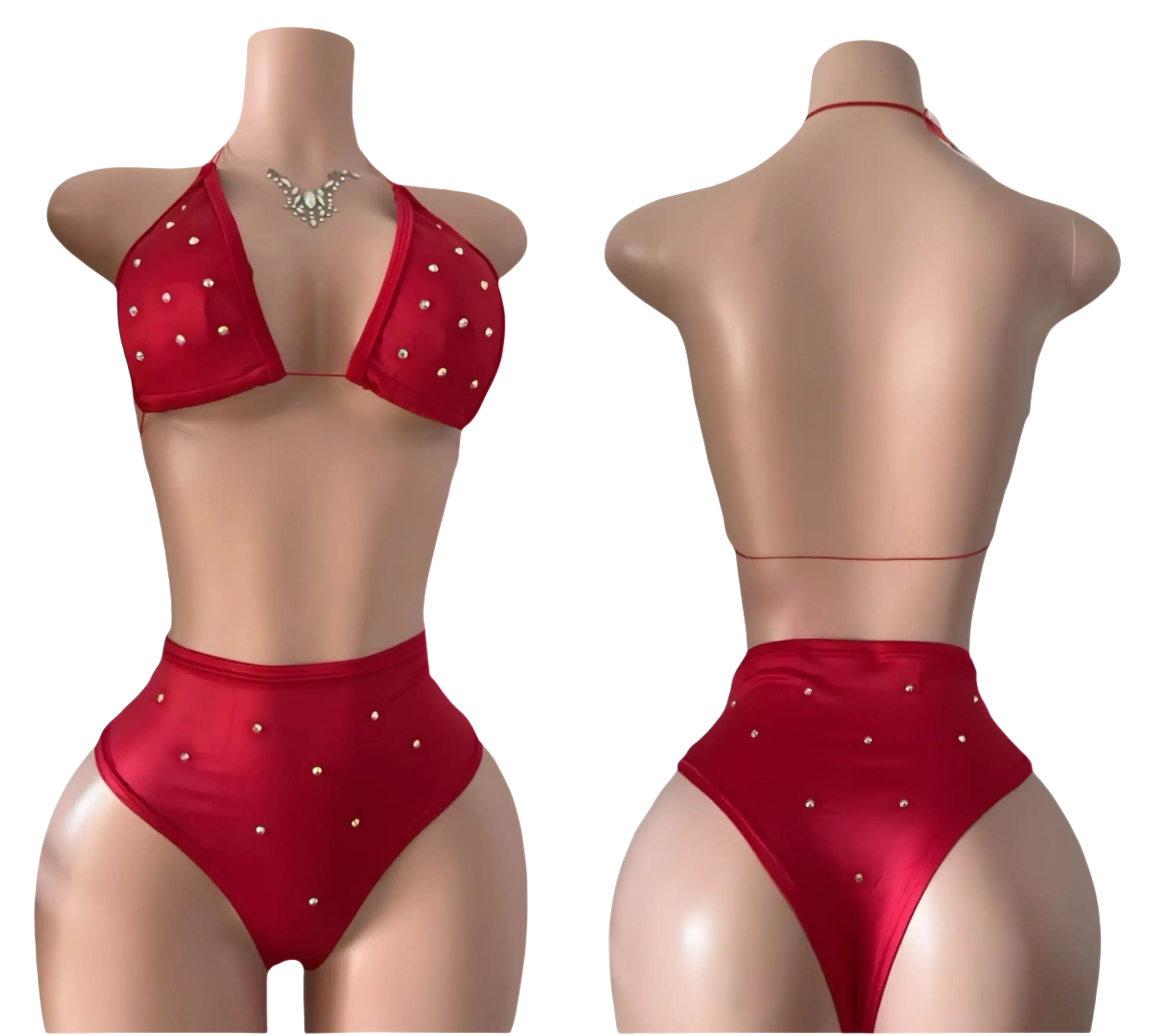 Red jeweled bikini.