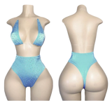 Light blue, jeweled two-piece swimsuit.