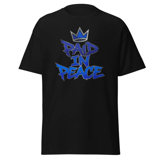 Chrome Street Shirt – Paid In Peace Graphic Tee with bold blue lettering on black fabric