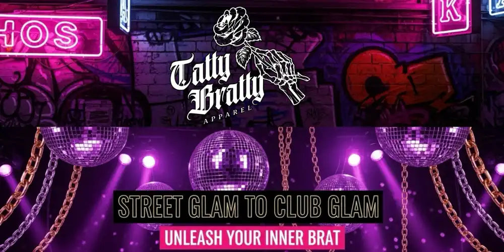 Promotional banner for ’Tatty Bratty Apparel’ clothing, featuring disco balls and neon lights.