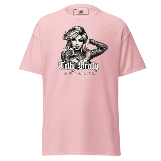 Pink t-shirt with tattooed woman graphic.