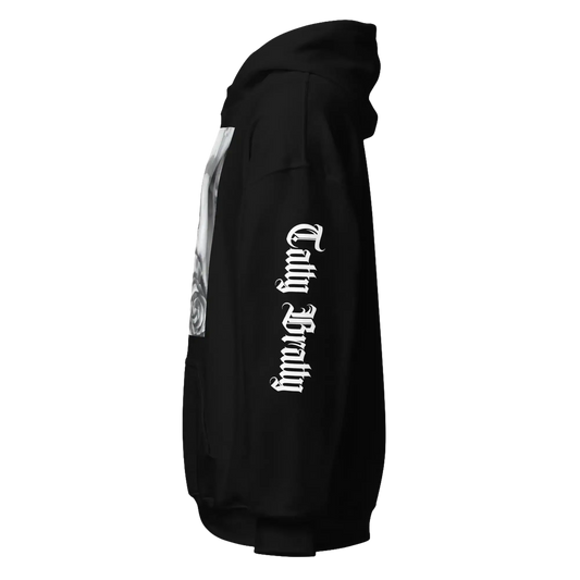 Black hoodie with gothic lettering.