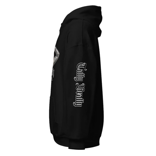 Black hooded sweatshirt.