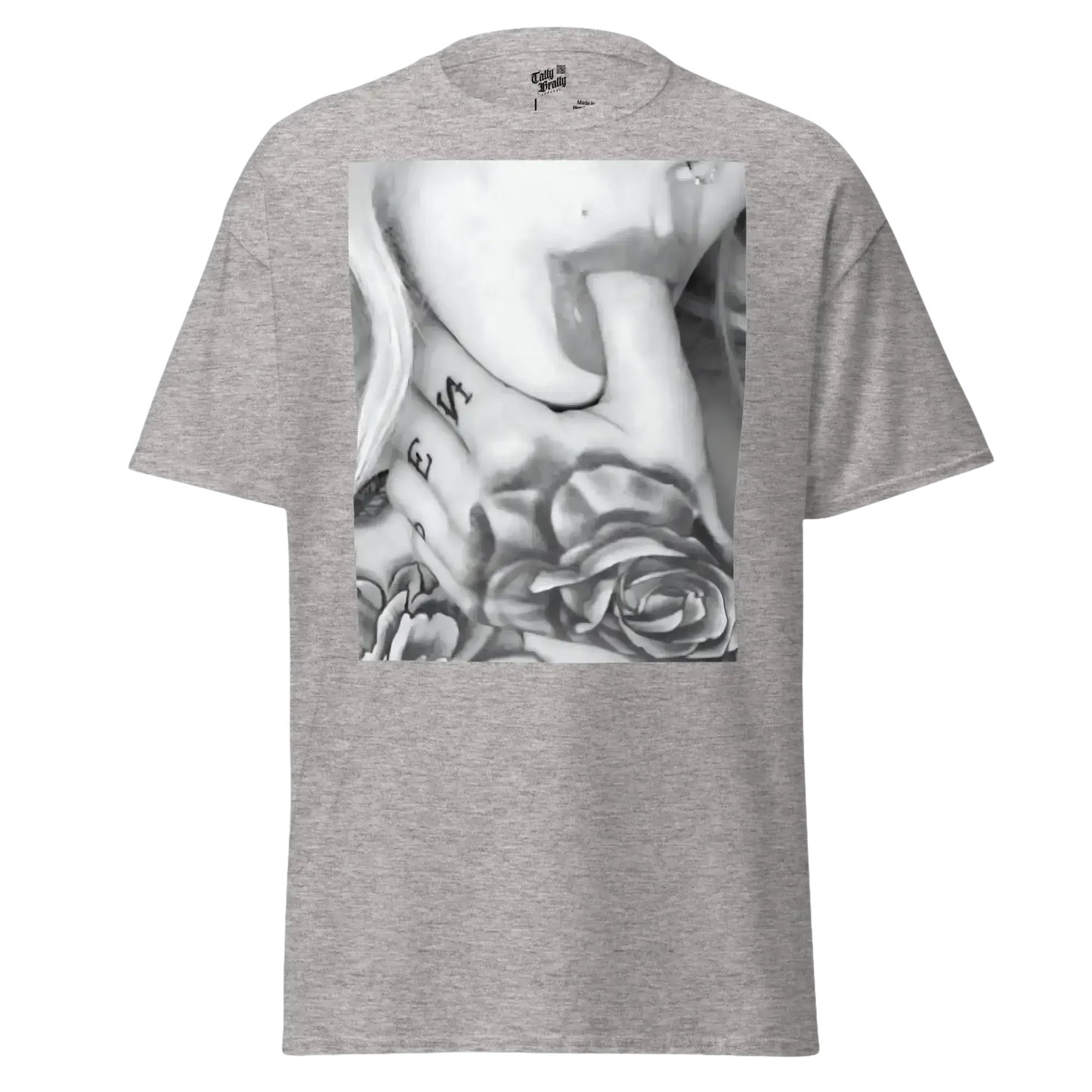 Gray t-shirt with graphic.