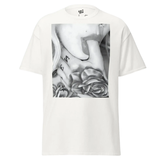 White t-shirt with a black and white tattoo graphic.