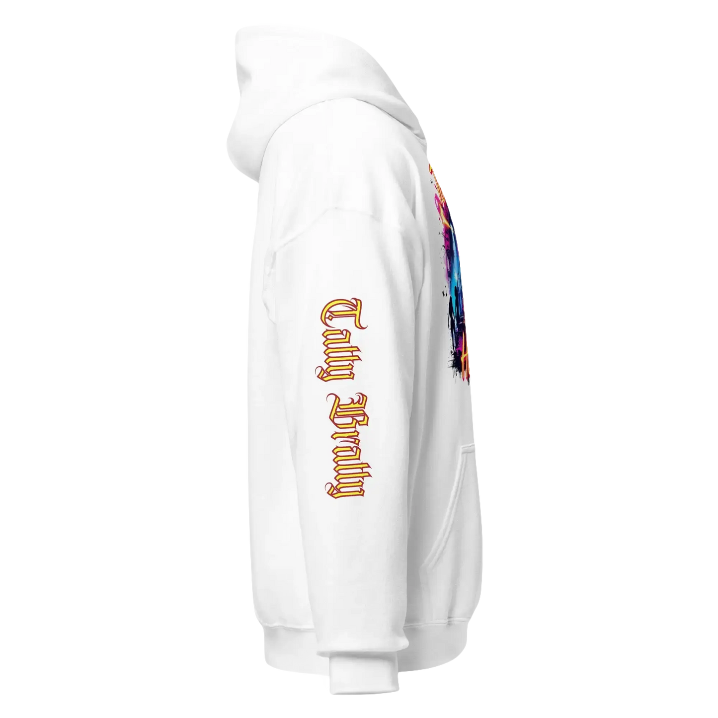 White hoodie with colorful design.