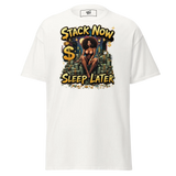 White graphic tee from Tatty Bratty Stack Now Sleep Later hustler streetwear collection