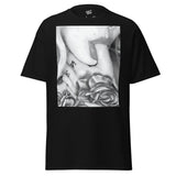 Black t-shirt featuring a grayscale tattoo design from Tatty Bratty Apparel Make Strip Clubs Great.