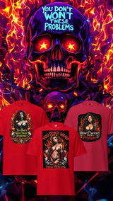 Red t-shirts with provocative female graphics from Tatty Bratty Problems Collection