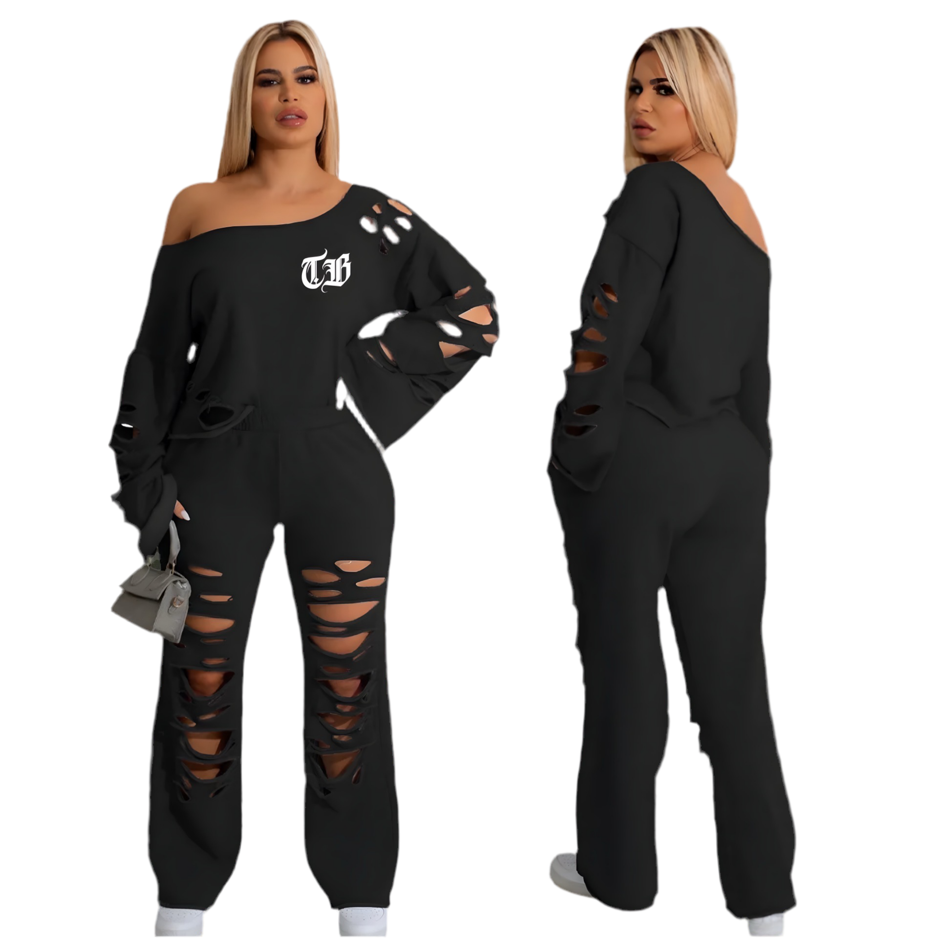 Women’s Casual Hollow-Out Long-Sleeve Two-Piece Set – Pullover Solid Color Top and Pants