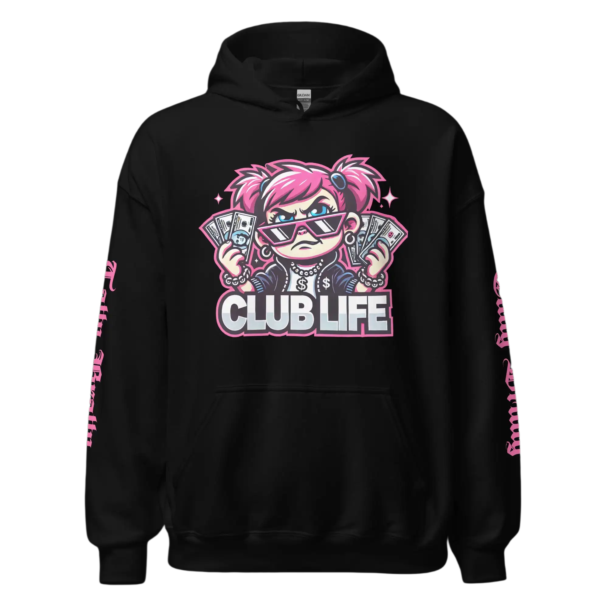 Black hoodie with cartoon graphic.