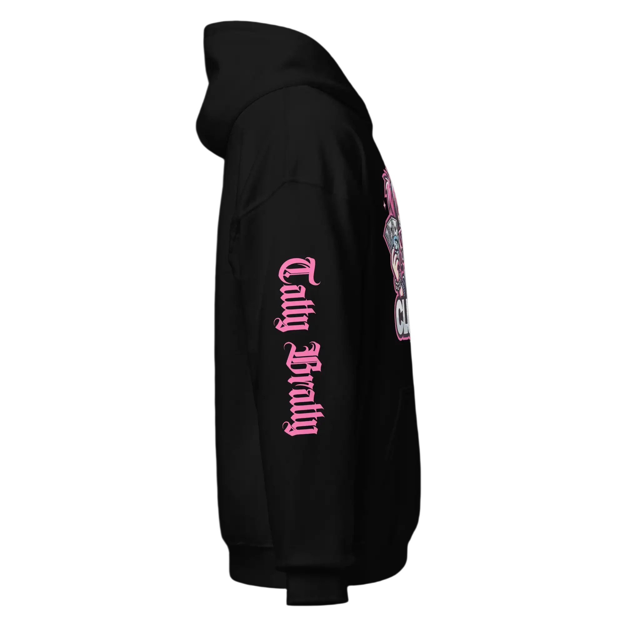 Black hoodie with pink lettering.