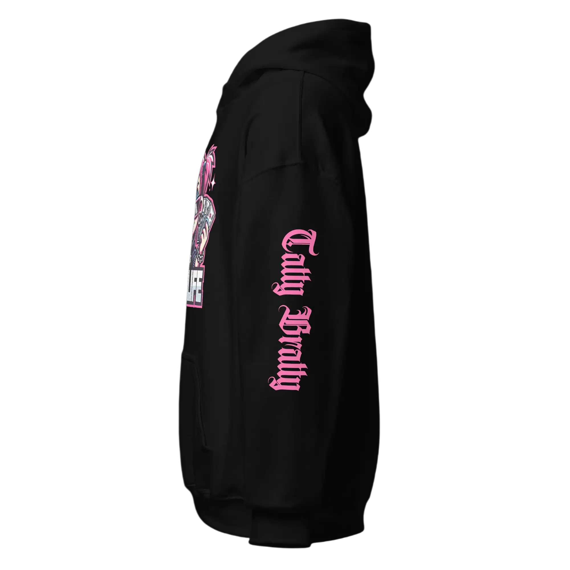 Black hoodie with pink gothic lettering.