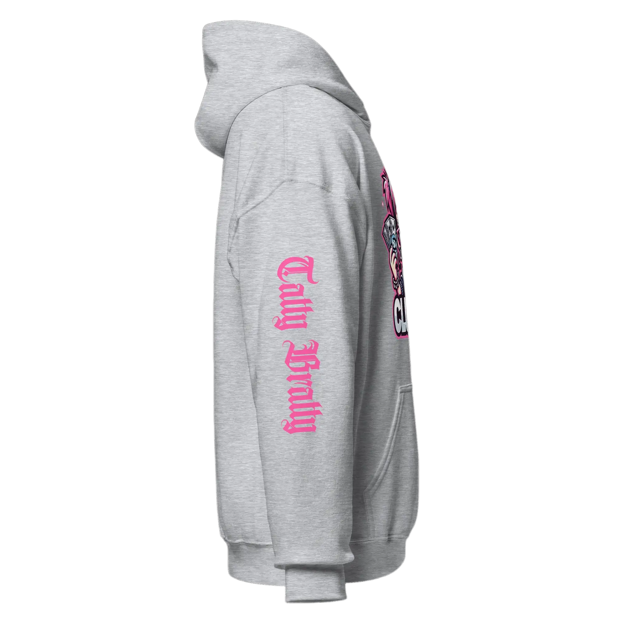 Gray hoodie with pink lettering.