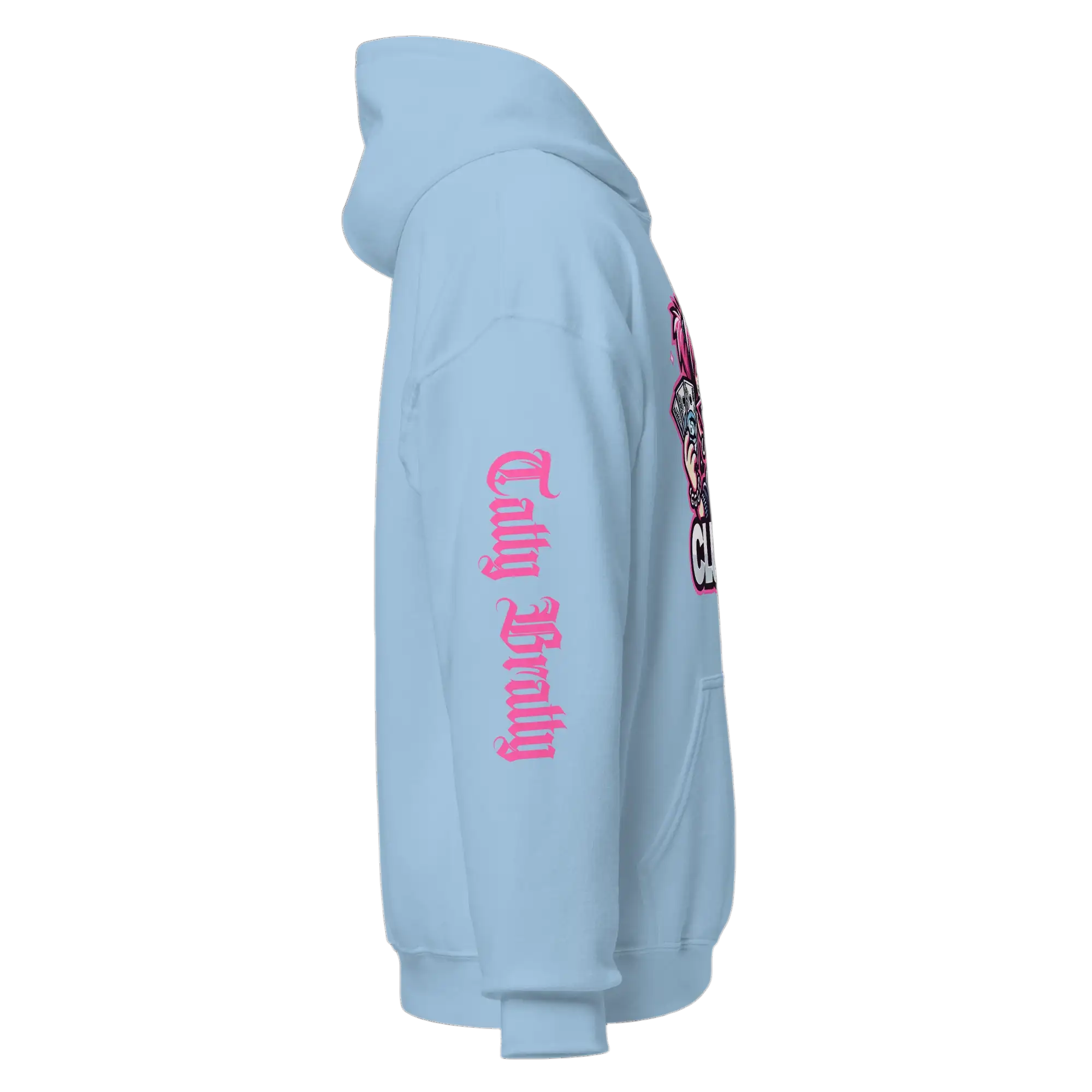 Light blue hoodie.