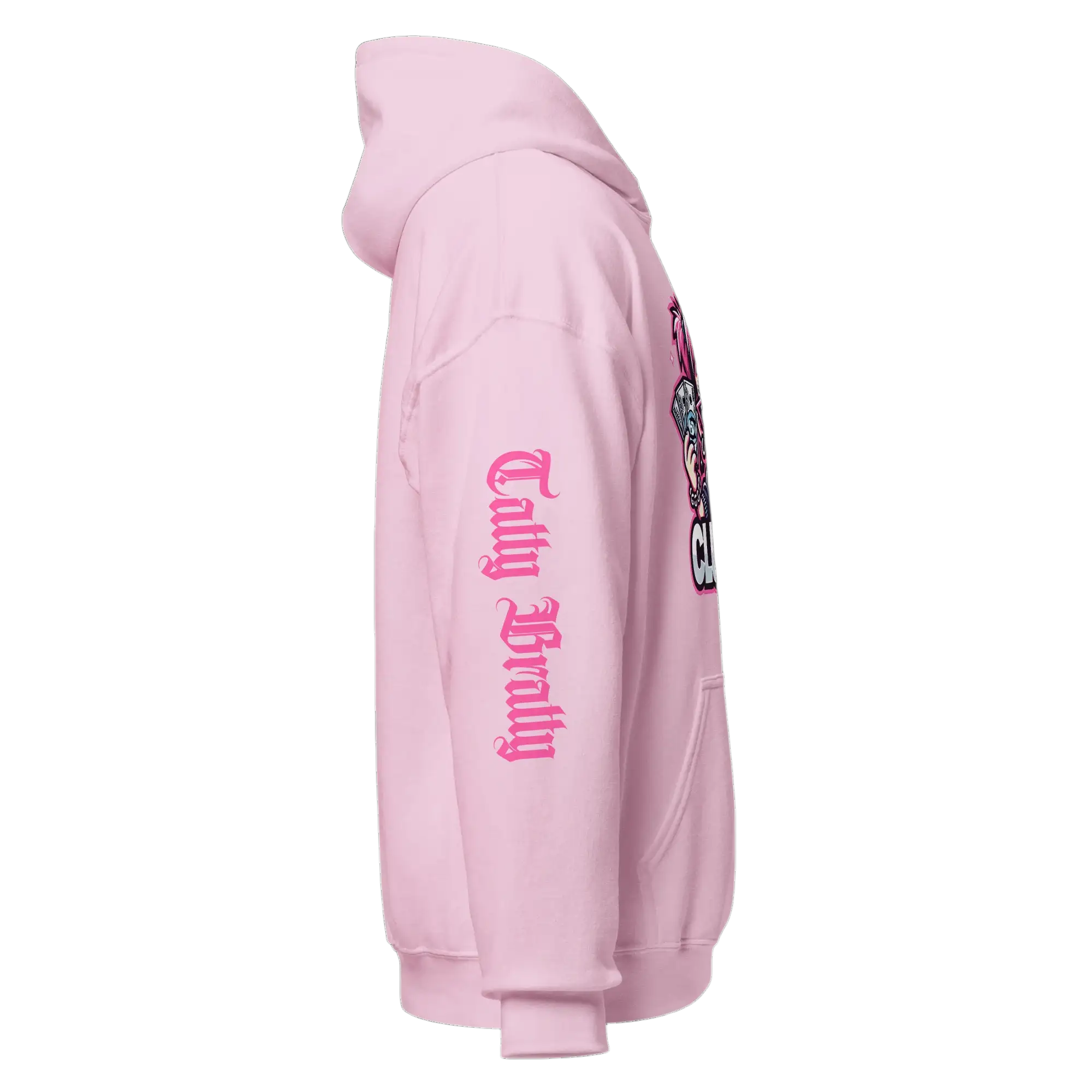 Pink hooded sweatshirt.