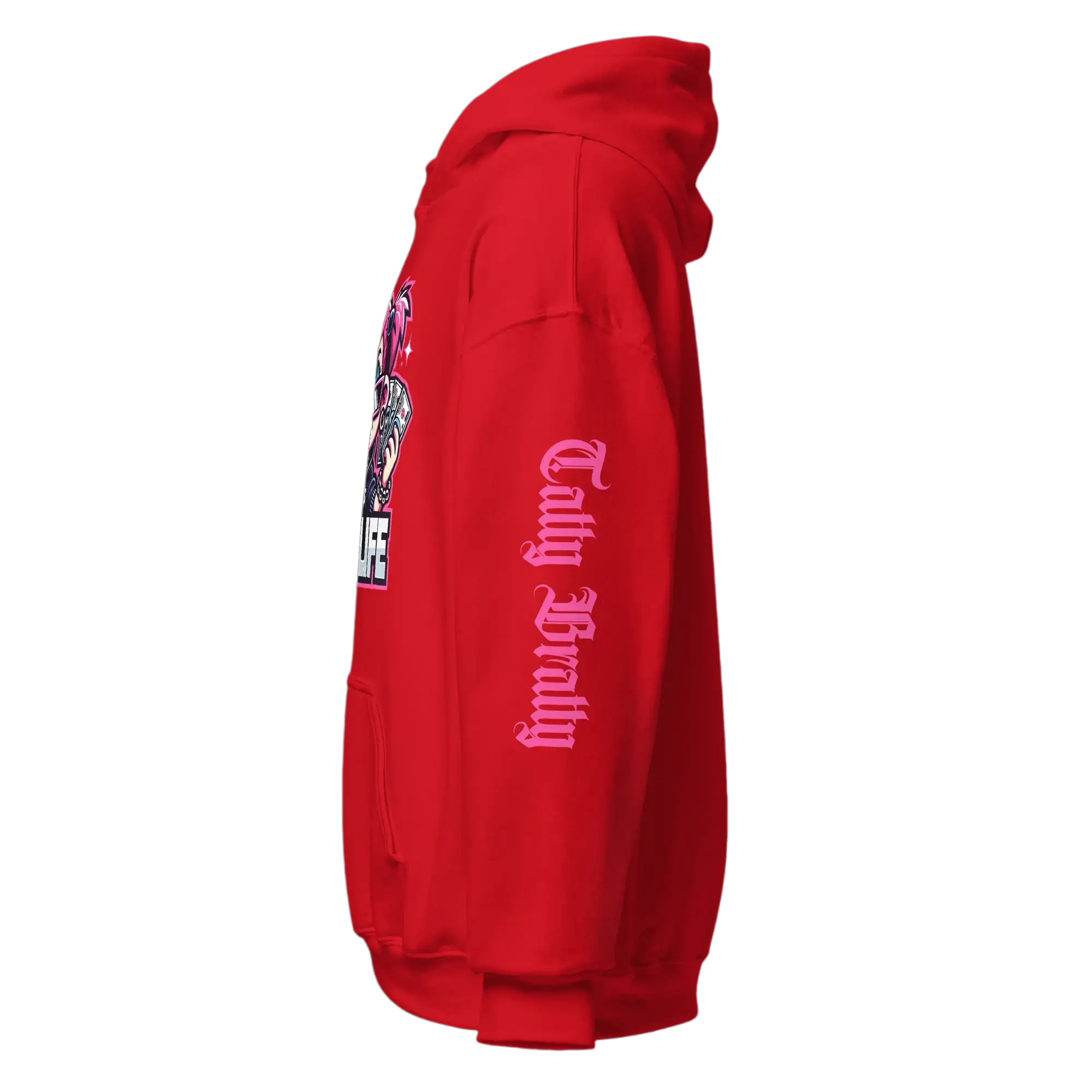 Red hooded sweatshirt.