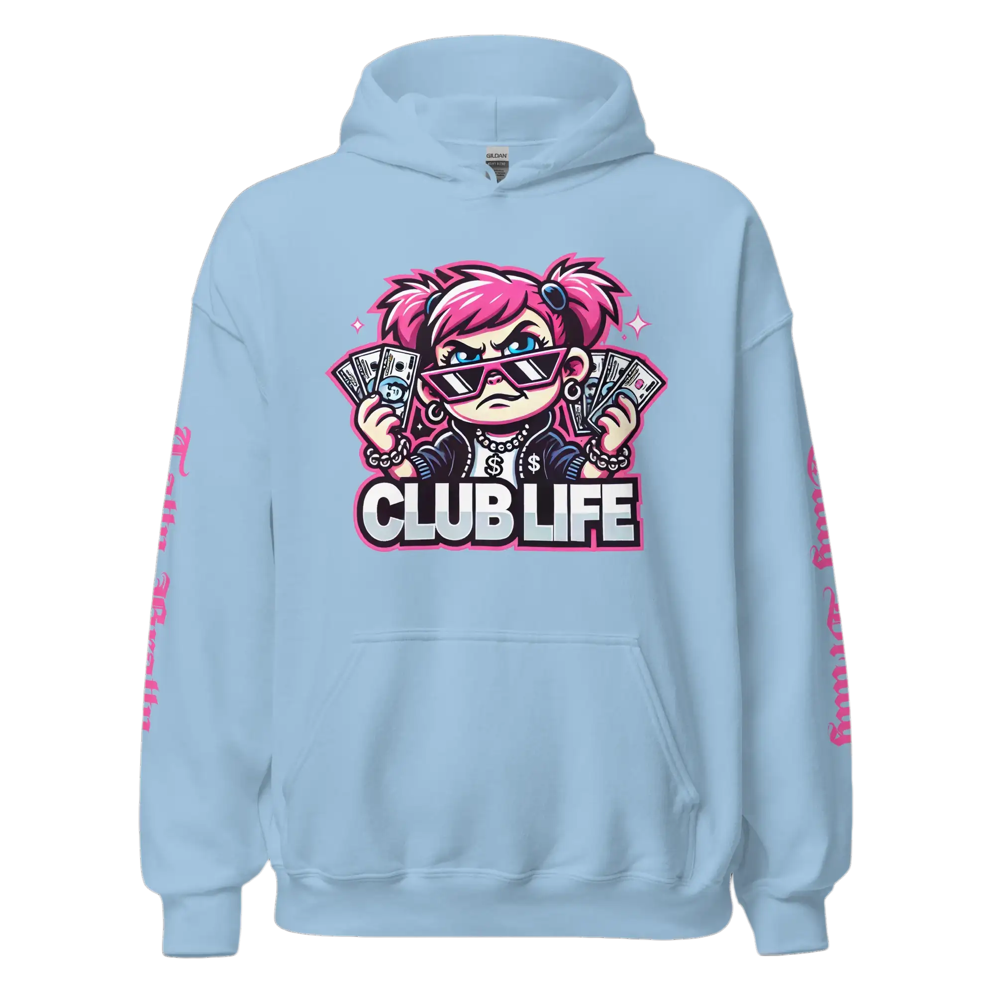 Light blue hoodie with cartoon graphic.