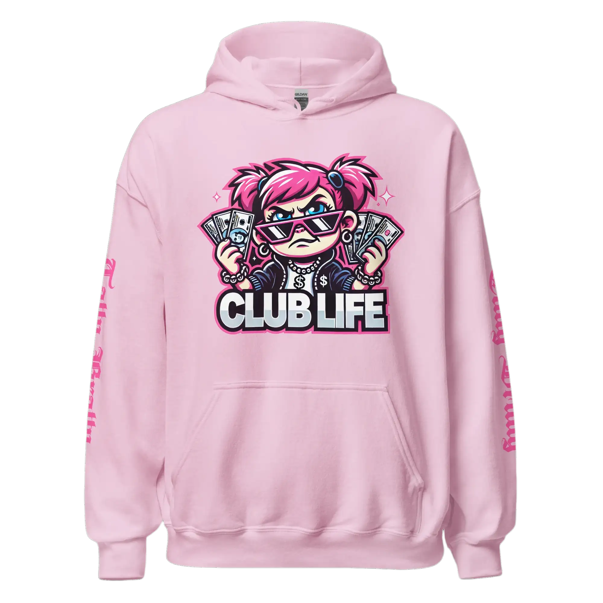Pink hoodie with cartoon graphic.