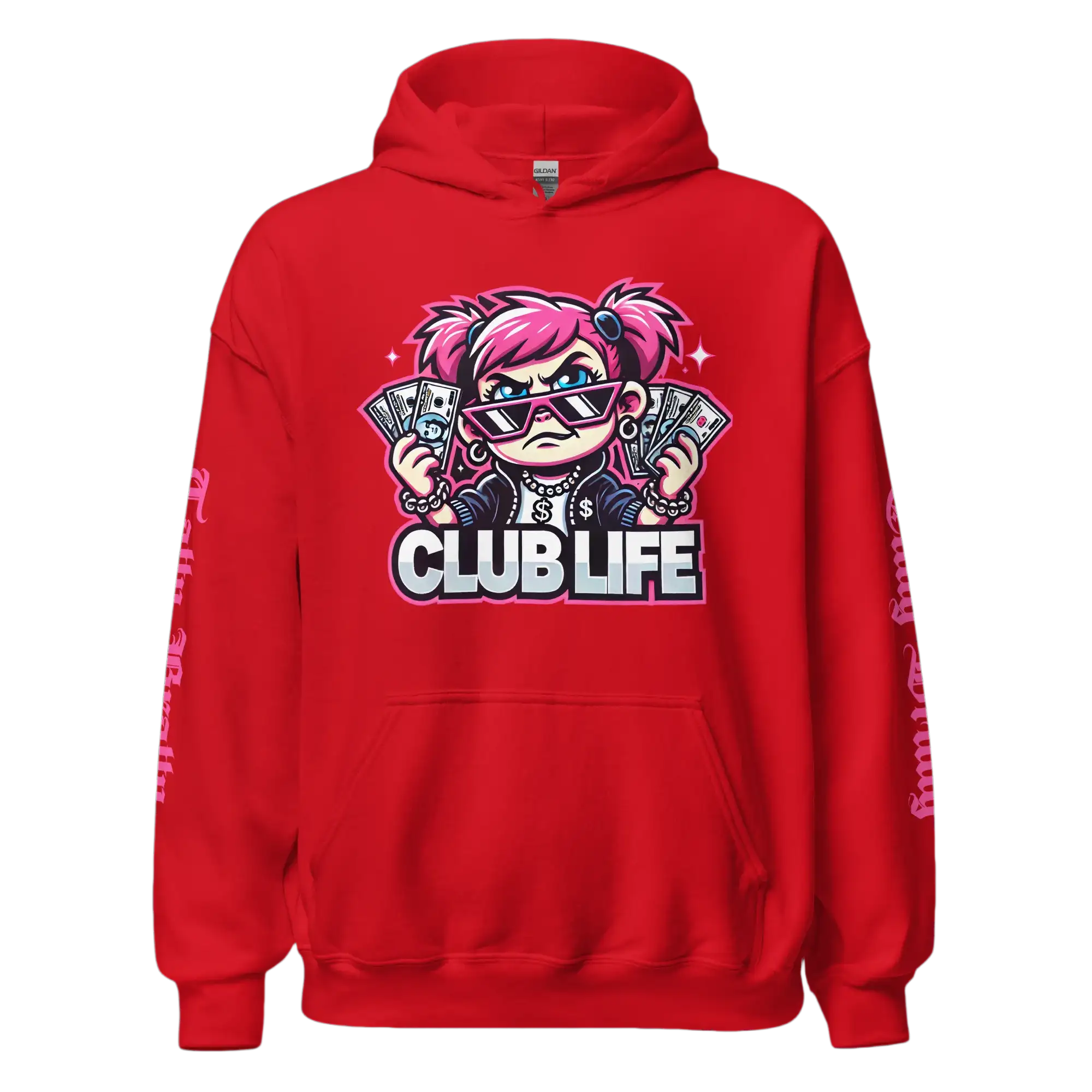 Red hoodie with cartoon graphic.
