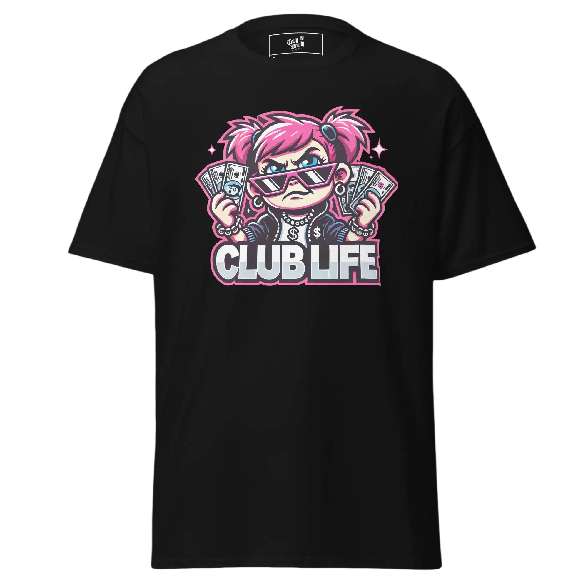 Black t-shirt with cartoon graphic.