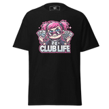 Black t-shirt with cartoon graphic.