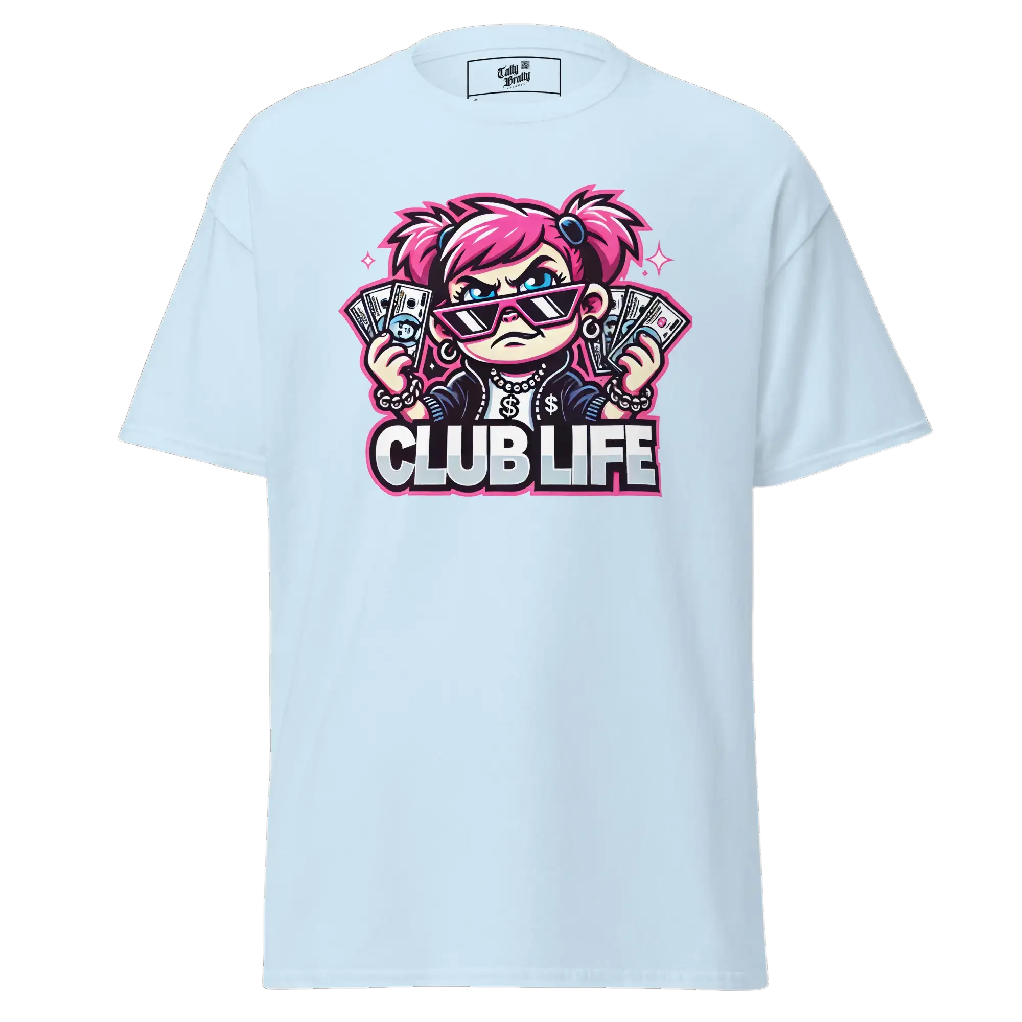 Light blue t-shirt with cartoon graphic.