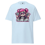 Light blue t-shirt with cartoon graphic.