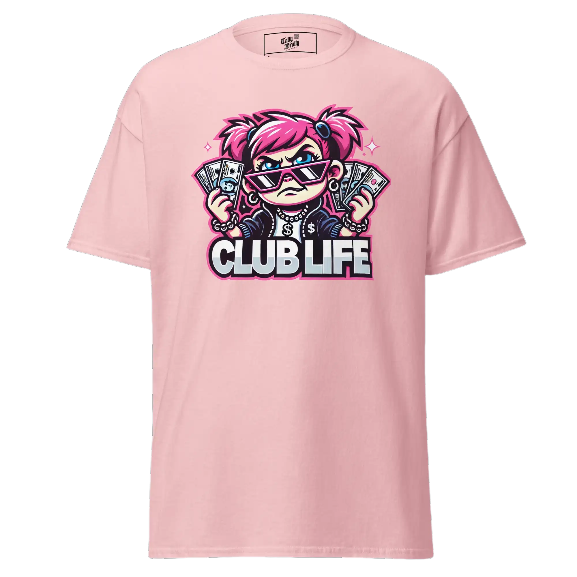 Pink t-shirt with cartoon girl graphic.