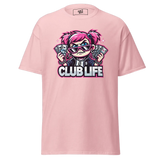 Pink t-shirt with cartoon girl graphic.