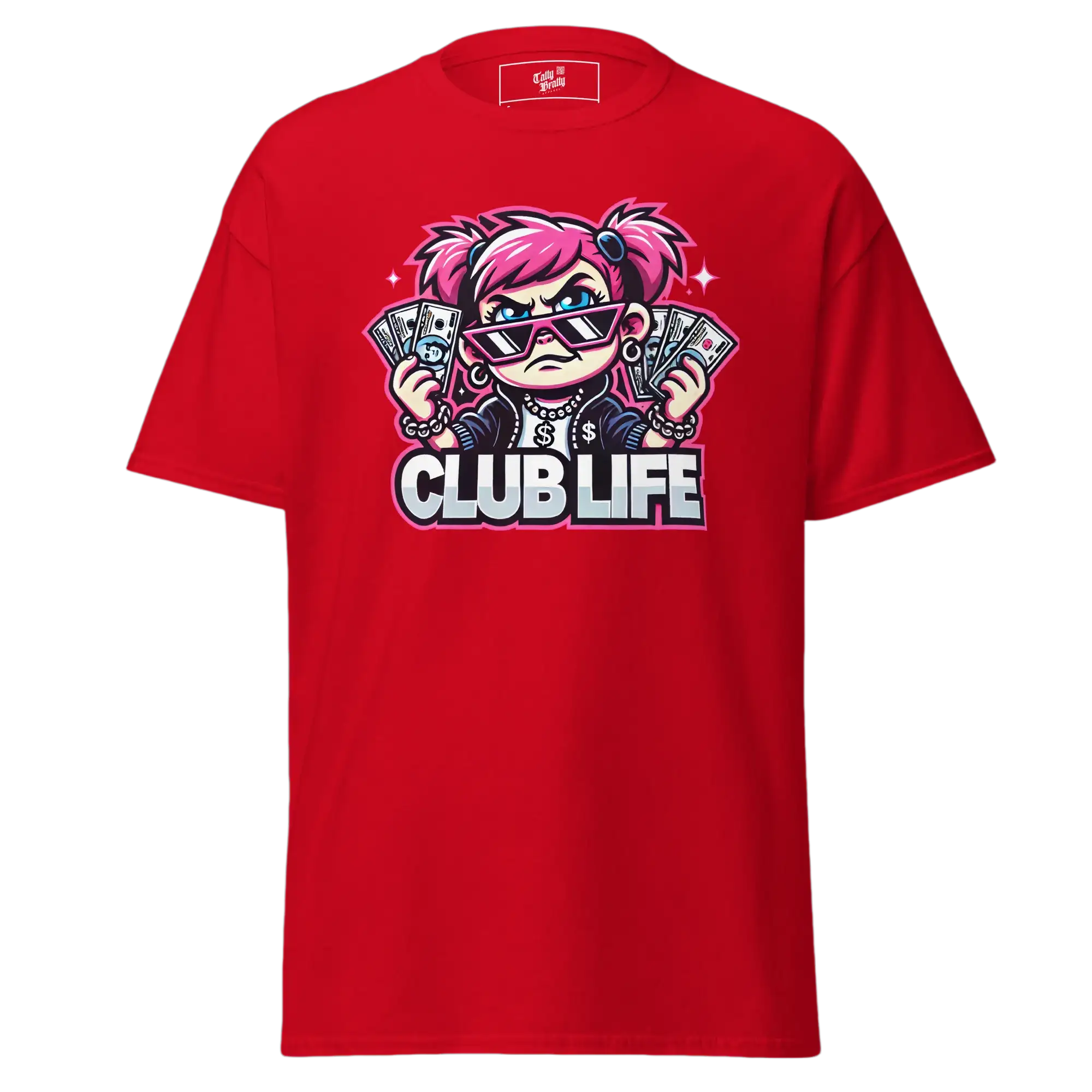 Red t-shirt with cartoon graphic.