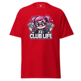 Red t-shirt with cartoon graphic.