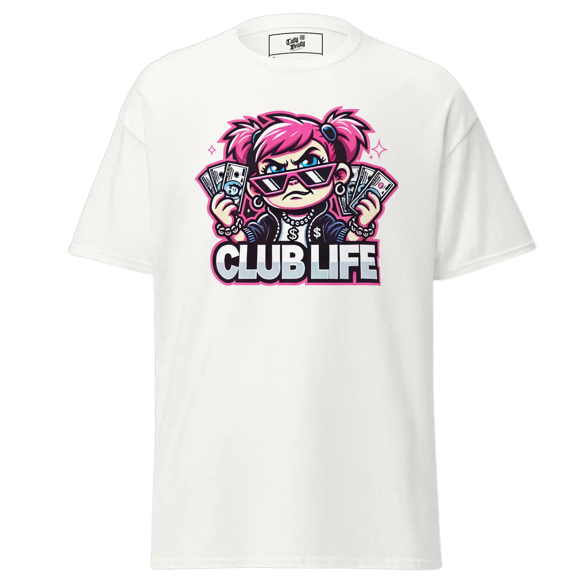 White t-shirt with cartoon graphic.