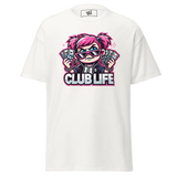 White t-shirt with cartoon graphic.