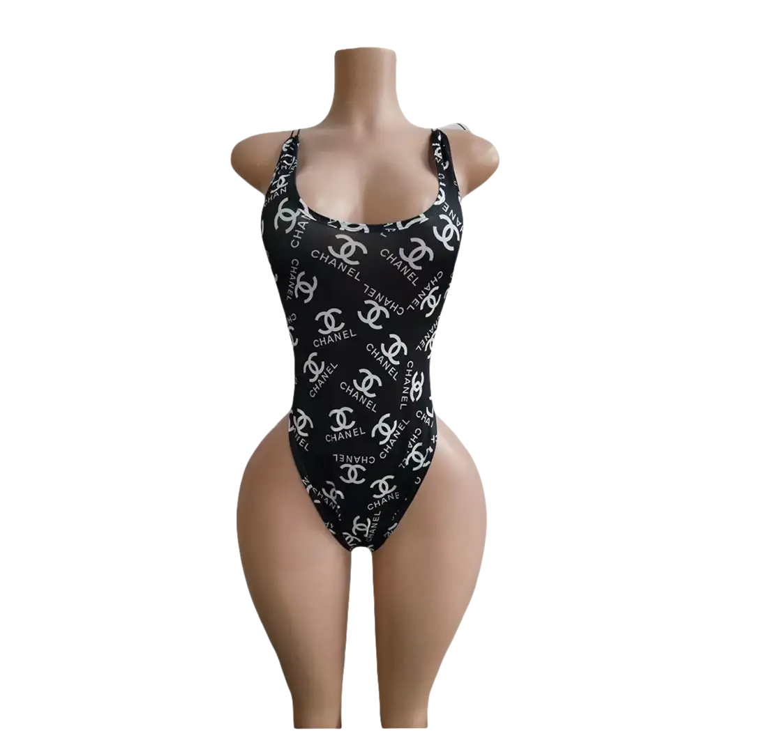 Black and white Chanel-patterned swimsuit.