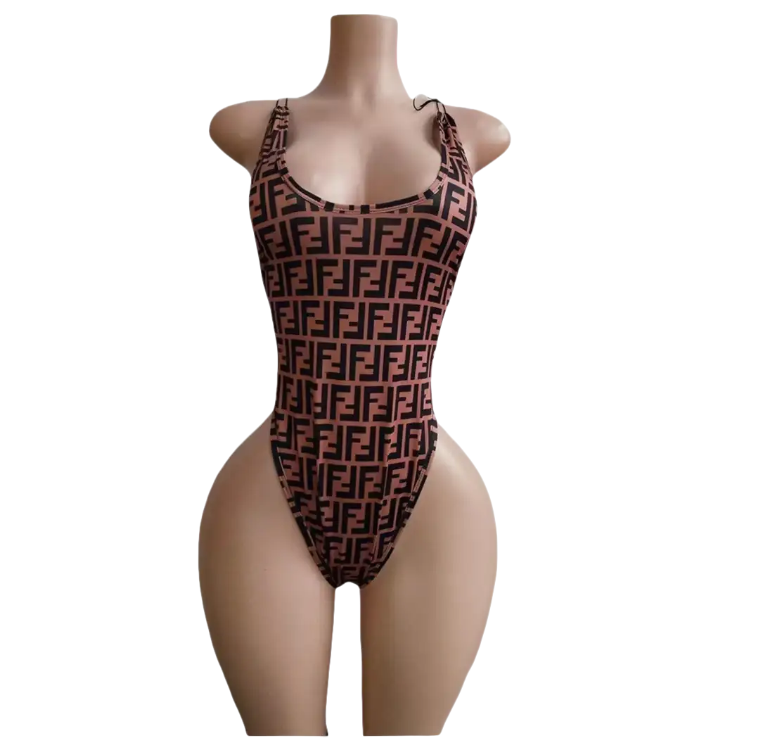 Fendi-patterned one-piece swimsuit.