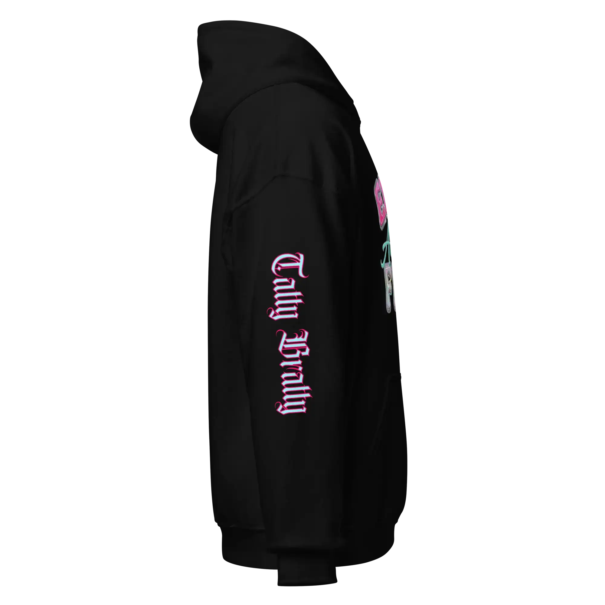 Y2K chrome glam hoodie showcasing glossy pink lettering and chrome metallic shine from a side view.