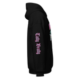 Y2K chrome glam hoodie showcasing glossy pink lettering and chrome metallic shine from a side view.
