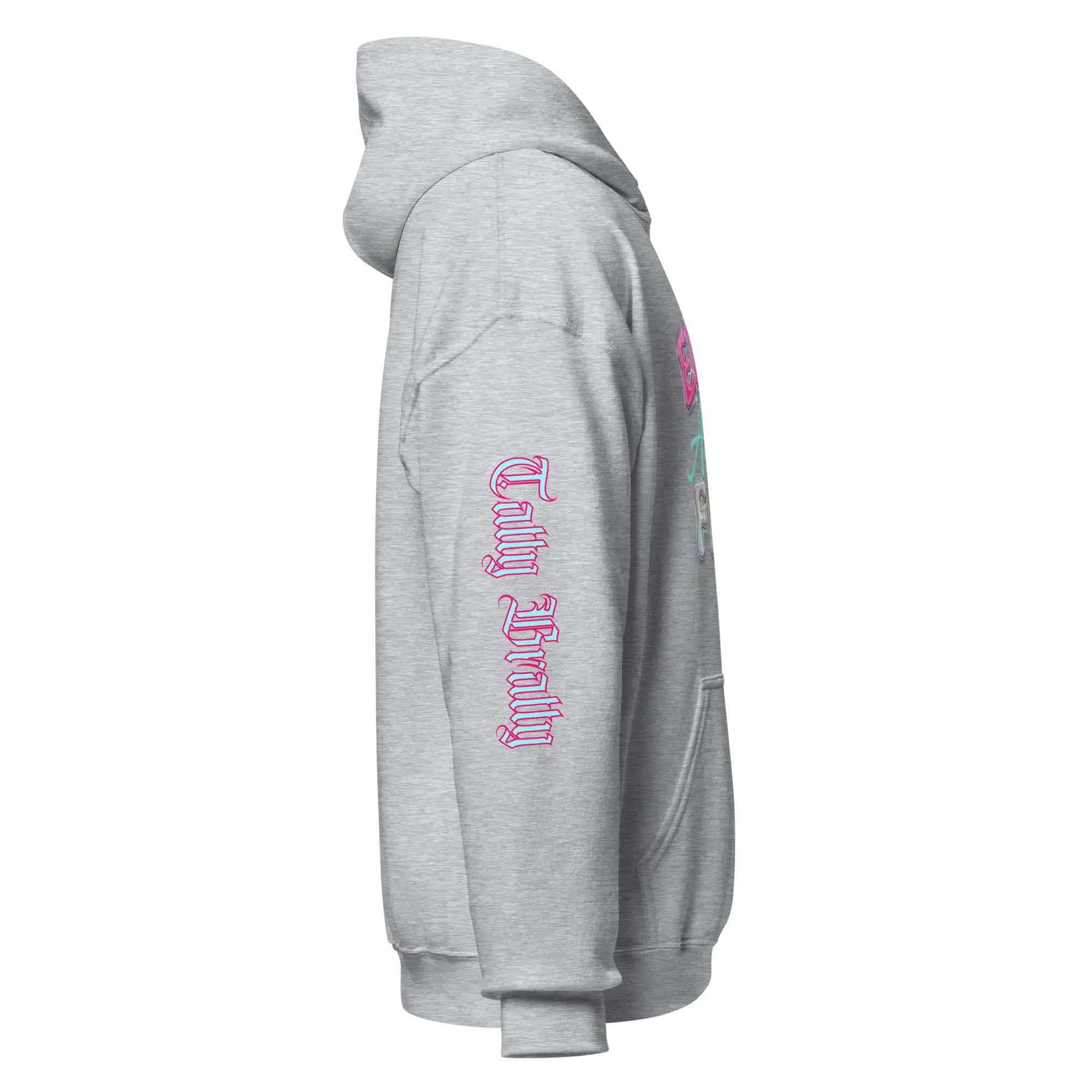 Side view of Y2K chrome glam hoodie in gray with glossy pink lettering.