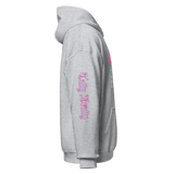 Side view of Y2K chrome glam hoodie in gray with glossy pink lettering.