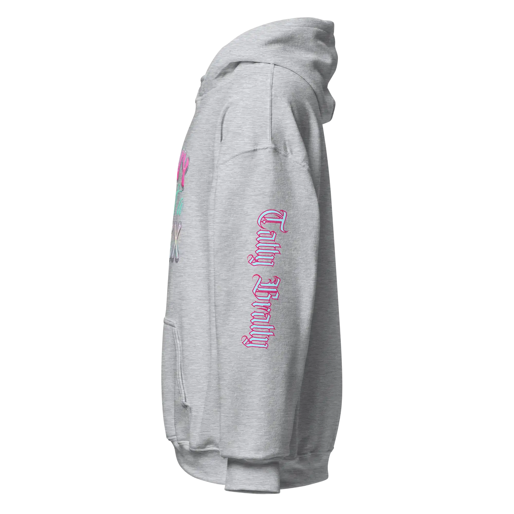 Y2K chrome glam hoodie shown from the side, featuring glossy pink bubble letters and chrome metallic elements.