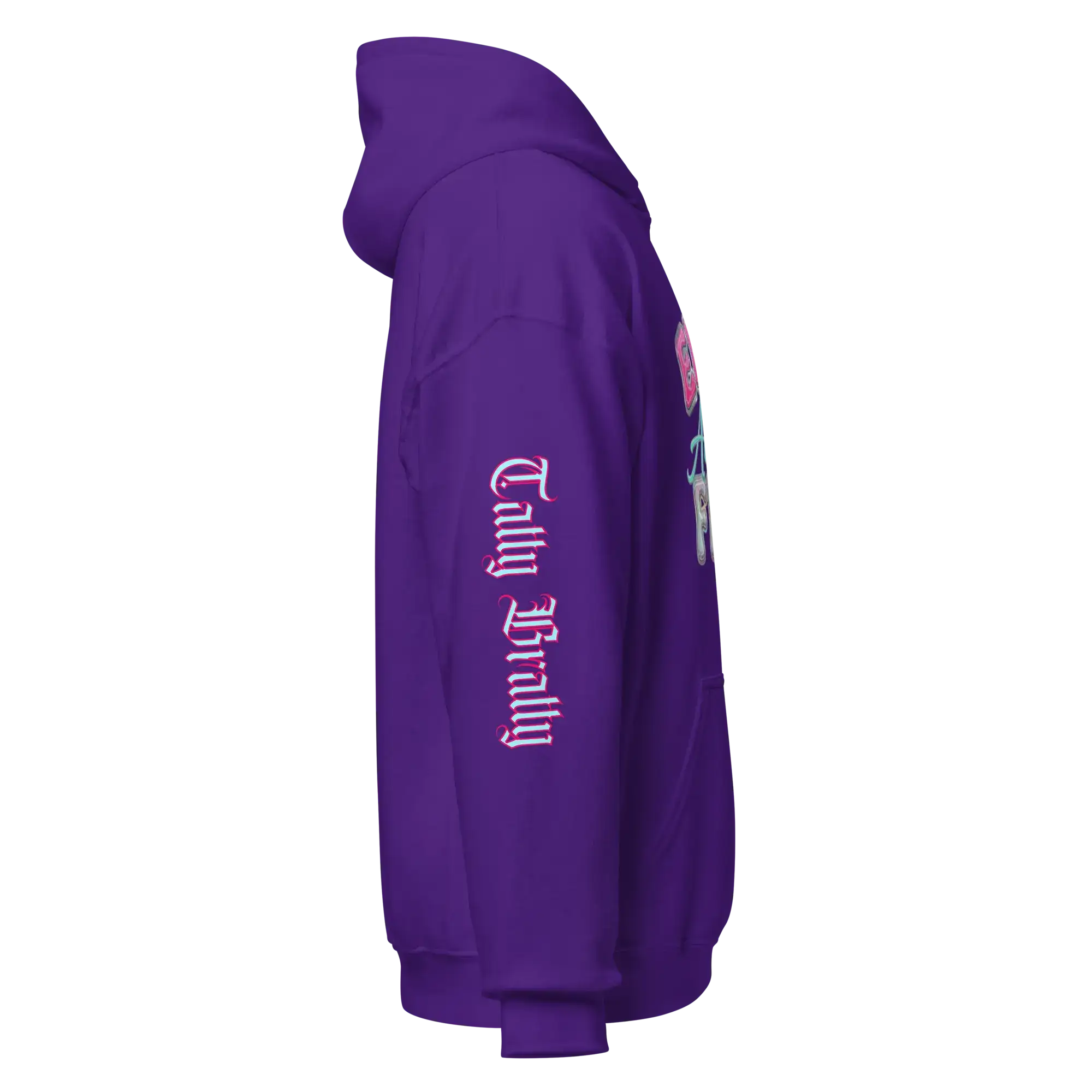 Y2K chrome glam hoodie in purple with bold lettering on sleeve and vibrant graphic design.