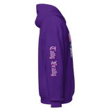 Y2K chrome glam hoodie in purple with bold lettering on sleeve and vibrant graphic design.