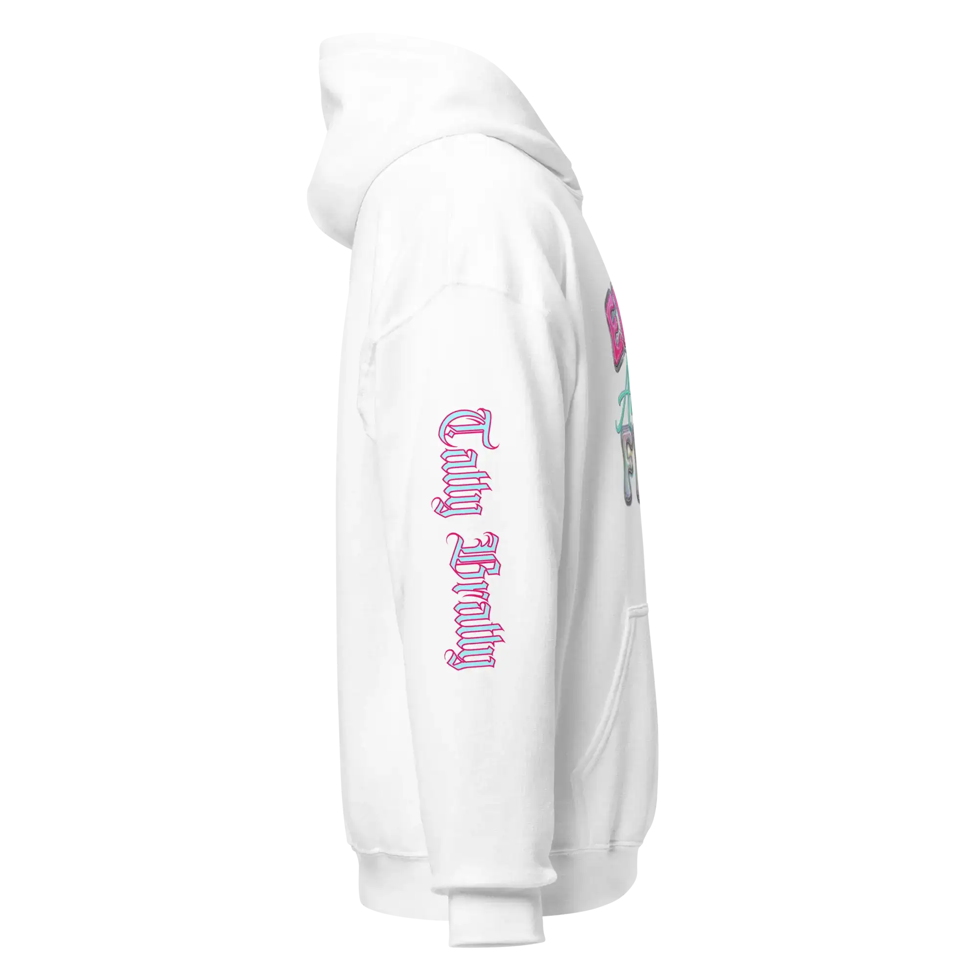Y2K chrome glam hoodie in white, featuring glossy bubble lettering on the front and sleeve.
