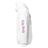 Y2K chrome glam hoodie in white, featuring glossy bubble lettering on the front and sleeve.