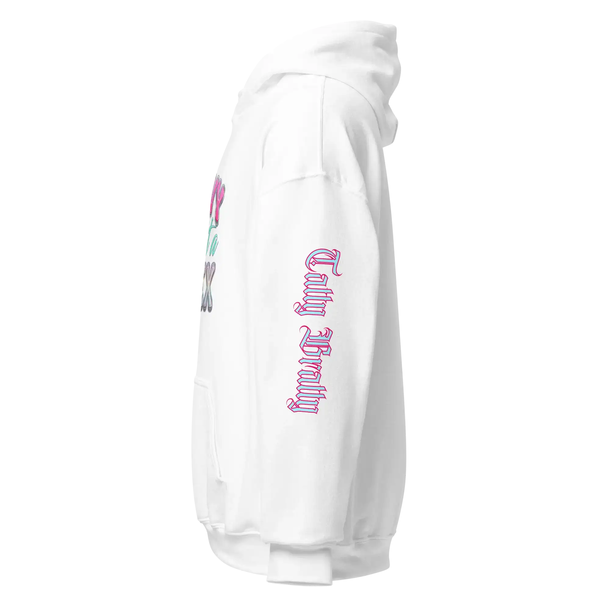 Y2K chrome glam hoodie showcasing glossy pink bubble lettering and chrome metallic shine on a white background.