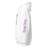 Y2K chrome glam hoodie showcasing glossy pink bubble lettering and chrome metallic shine on a white background.