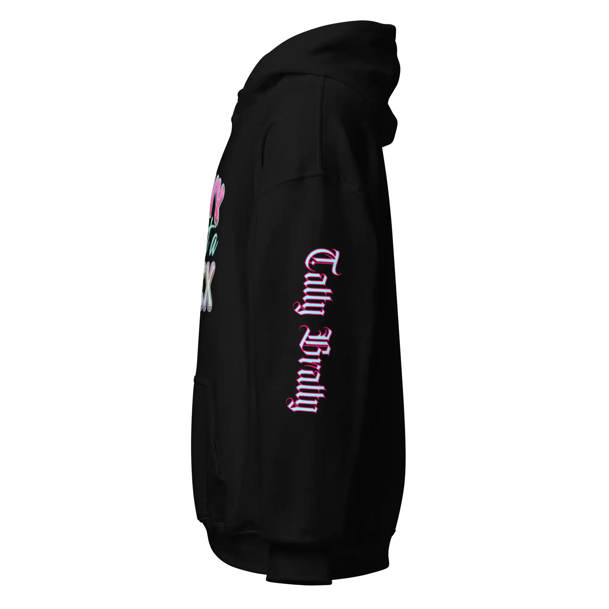 Y2K chrome glam hoodie in black with glossy pink lettering and chrome details showcasing a side view.