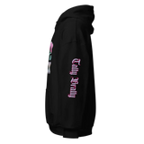 Y2K chrome glam hoodie in black with glossy pink lettering and chrome details showcasing a side view.